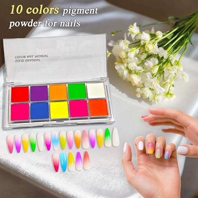 Nail Pigment Powder Set - 10 Colors Nail Ombre Powder for Nail Art, with 100pcs Nail Sponges with Grabbing Pen, Ombre Nail Brush, 5 Sponge Sticks, DIY Manicure Tools