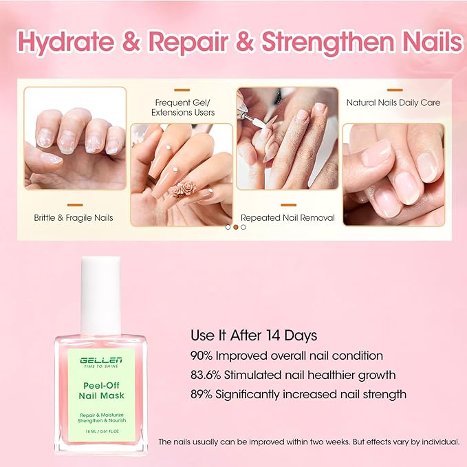 Gellen Peelable Nail Strengthener Mask, Air Dry Peel-Off Nail Mask for Nail Strengthener and Growth, Nail Repair Masque for Damaged Weak Thin Nails, Natural Nail Treatment, Rose Scent