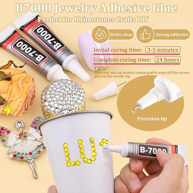 600PCS SS30/6mm Crystal Rhinestones (Lemon Yellow) with 2Pcs 10ml B7000 Jewelry Glue, Bedazzling Flatback Glass Rhinestones for Crafting Decor, Gems Diomand Charms for Tumbler Shoes Clothing Nail Art