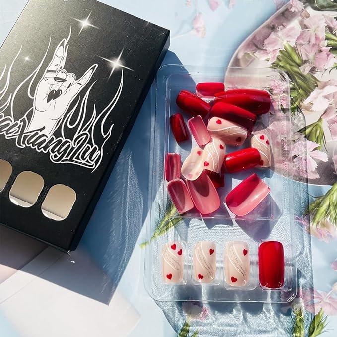 Valentines Heart Press on Nails Short Square Fake Nails Red Valentines Nails Press ons with Glue Designs Glossy Acrylic Nails Reusable Full Cover Glue on Nails for Women Holiday Manicure 24Pcs