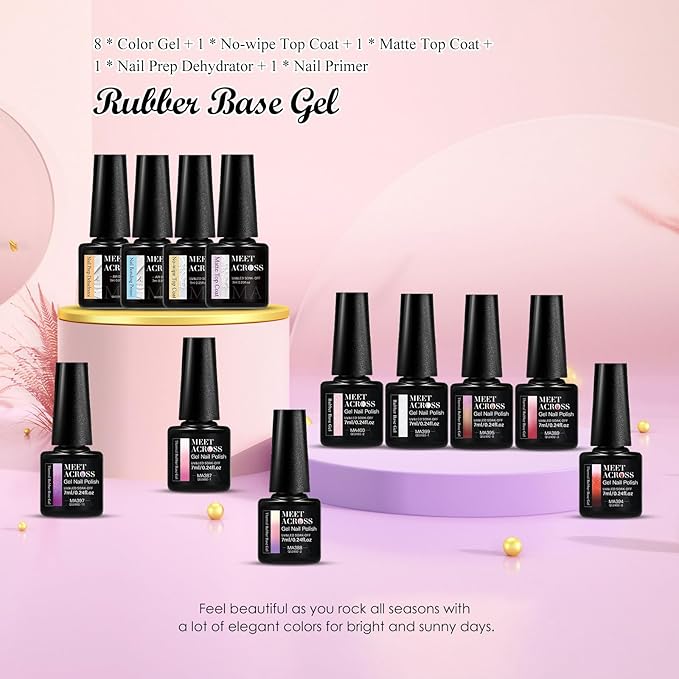 MEET ACROSS Color Changing Rubber Base Gel Nail Polish Set Pink Purple Red Builder Base Gel in a Bottle Hard Extension Gel Shimmer White Pink Cured for Nails at Home Salon DIY Beginner 12PCS