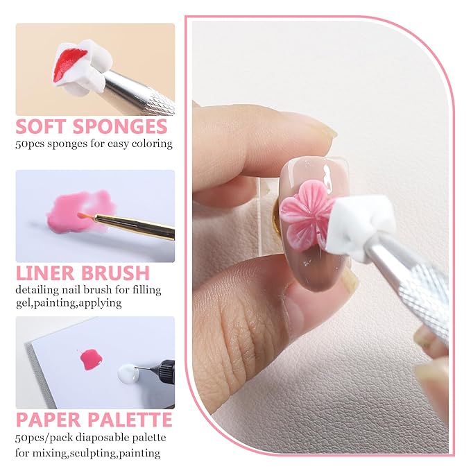 3D Gel Nail Art for Nails Starter Kit: 15ML Clear and White 3D Sculpting Gel with 3PCS Silicone Flowers Nail Charm Molds Gold Silver Chrome Powder Ombre Sponges Salon Supplies DIY Manicure