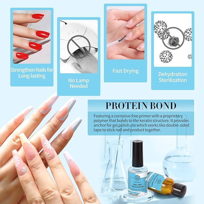 BORN PRETTY Nail Dehydrate and Primer, 15ml Dehydrator for Acrylic and Gel Nail Polish, Non Acid Primer for U V Gels, No Burn Fast Air Dry Nail Prep Dehydrator Set, 0.5oz