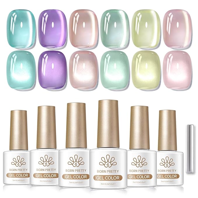 Born Pretty Spring Summer Cat Magnetic Eye Gel Nail Polish Set,6 Colors Shimmer Glitter Pink Green Purple Crystal Glass Magnetic Gel Polish, U V Gels for Nail Art Manicure DIY at Home 7ML