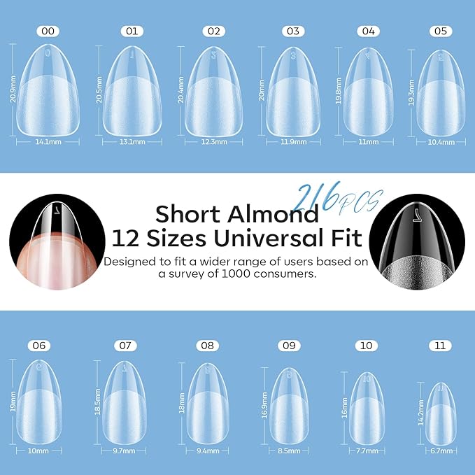 modelones Short Almond Gel Nail Tips Kit, Solid Nail Glue Gel with Portable U V Lamp 216Pcs 12Sizes Pre-Etched Press ons Fake Acrylic Extension Kit DIY Salon Gift for Women