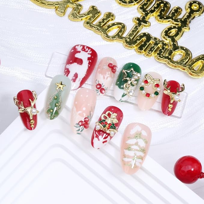 30Pcs Christmas Press on Nails Medium Almond French Fake Nails with Gold Elk Bell Star Rhinestones Design 3D Xmas Trees False Nails Full Cover Artificial Glue on Nails Winter Stick on Nail for Women