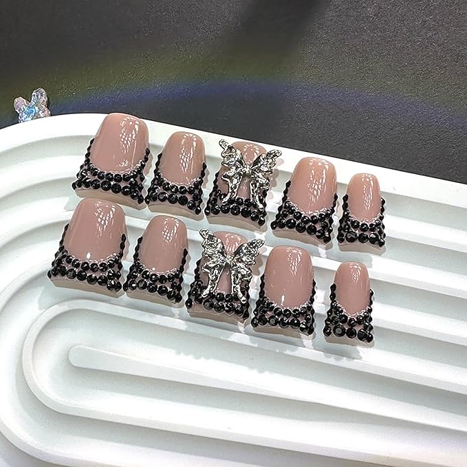 10 Pcs Handmade Press on Nails Medium Duck Fake Nails French Tip Full Cover Nude Pink Nails Press Ons Artificial Acrylic Black Rhinestone and Butterfly Design Stick on Nail for Women(Size S)