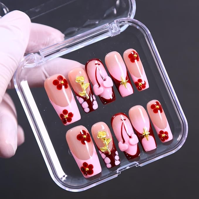 10Pcs Press On Nails Square Shape Hnadmade Fake Nails, Pink French Love Acrylic Nails, Reusable Artificial Gold Plated Decoration Square False Nails for Women (Size M)