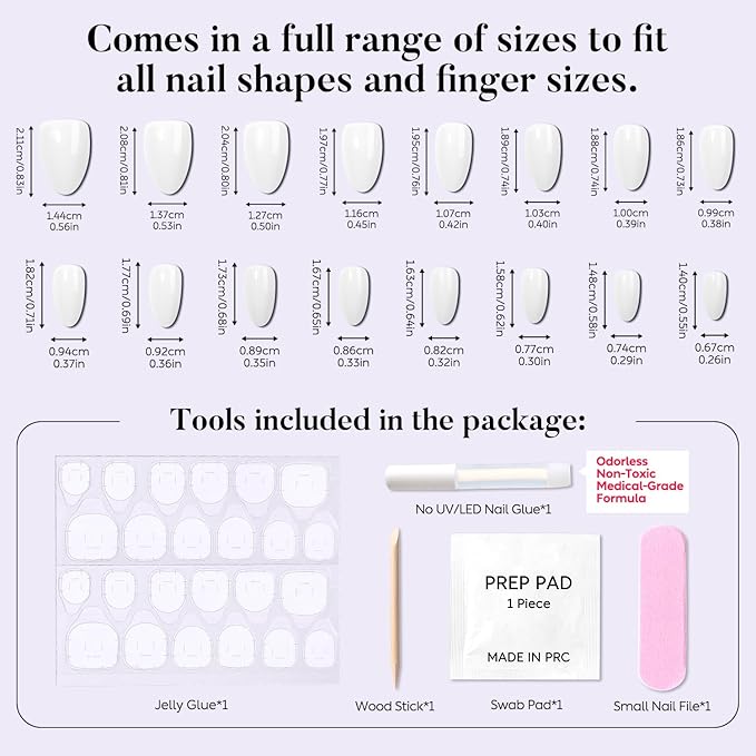 Luxbon Press On Nails with No-Cure Nail Glue and Tool Kit – Almond Acrylic Stick On Nails Soft Gel Tips 30-32pcs Full Size Set, Reusable Fake Nails for Women, Salon Look at Home, White