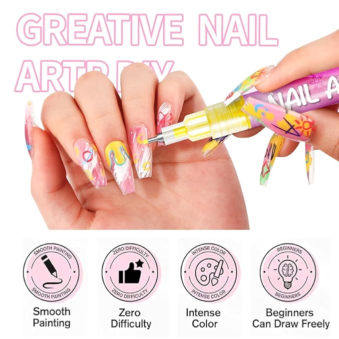 Nail Art Pens Set, Upgrade Nails Art Markers Nail Pens for Girls 0.5mm Quick Dry Graffiti Dotting Point Liner Pens for Home Salon (#B)