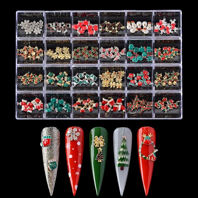 Christmas Nail Charms - 24 Styles/Box Metal Nail Studs, Rhinestones, Crystal, Glitter, Snowflake, Santa, Reindeer DIY Decorations