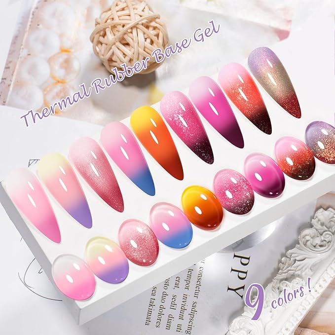 MEET ACROSS 12 Pcs Color Changing Rubber Base Gel Set, Mood Temperature Change Builder Base Nail Gel with Super Top Coat, Prep Dehydrator and Nail Primer, 2-in-1 Soak Off Base Gel Nail Strengthener