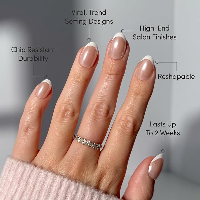 Glamnetic Press On Nails - Pearlfect | Short Oval White French Tip Fake Nails, Salon Quality French Manicure | 15 Sizes - 30 Nail Kit with Glue