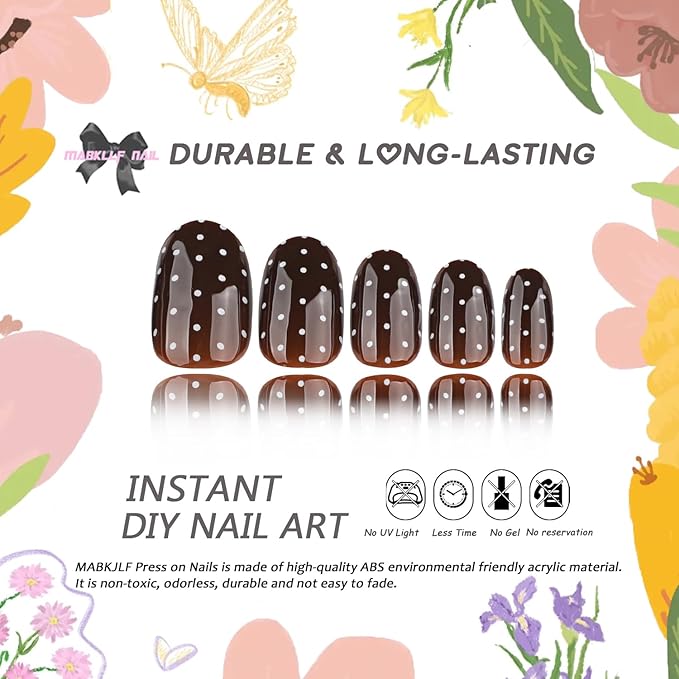 Brown Press on Nails Medium Oval MABKJLF Fake Nails False Nails with White Polka Dots Designs Glossy Glue on Nail Autumn Reusable Full Cover Acrylic Nails for Women Girls 24Pcs