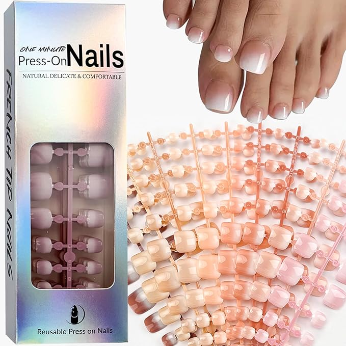 216 Pcs Ombre Press on Toenails Short Square Fake Toenail with Glue Tabs,French Toe Nails Press ons,9 Color Gradient Natural Acrylic False Toenails Tip Artificial Toe Nails for Women Manicure