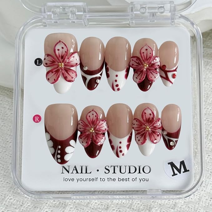 Handmade Press on Nails Medium Almond Fake Nails with French and Flower Designs Rhinestones Full Cover Handmade 3D Flower Stick on Nails for Women Decorations (Size S)