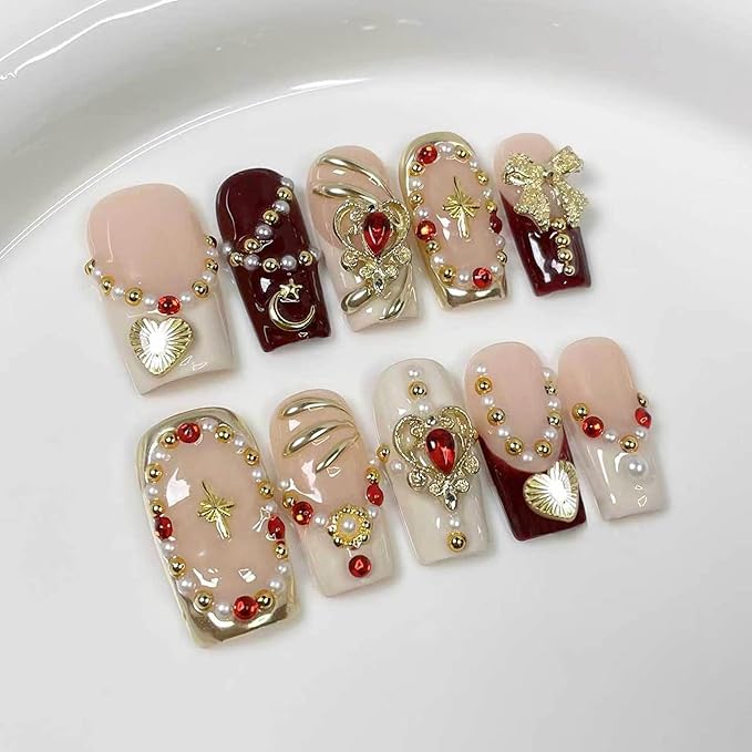 10Pcs (Size M) Medium Square Handmade Press On Nails - Luxury Egyptian Palace Relief French Tip Acrylic Fake Nails with Gold Charms for Women Manicure