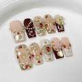 10Pcs (Size M) Medium Square Handmade Press On Nails - Luxury Egyptian Palace Relief French Tip Acrylic Fake Nails with Gold Charms for Women Manicure