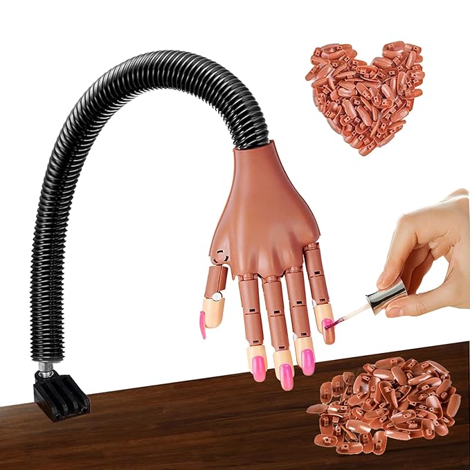 Lanos Practice Hand for Acrylic Nails, False Fake Nails Training Kit | Finger Model Manicure Mannequin for Professional Cosmetology, DIY, Flexible (Material) Table Stand for Gel Painting with 100 PCS Nail Tips