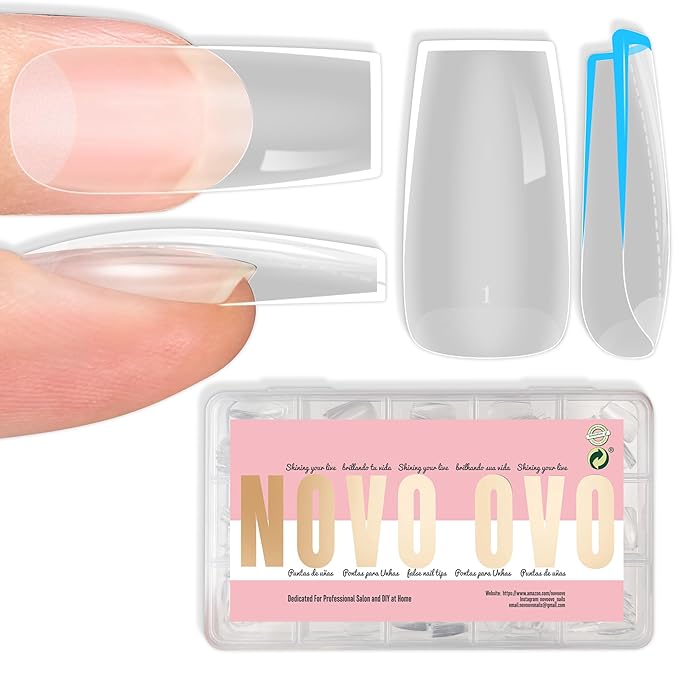 NOVO OVO Medium Square Nail Tips Extra Thick Press on No C Curve, Soft Gel Natural Fake Nail Extension, Full Cover Clear False Nails for Acrylic, French Manicure Salon DIY x 14 Sizes 224 pcs