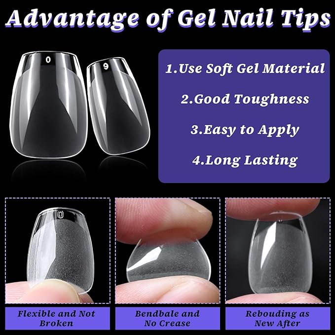 240pc Extra Short Gel Nail Tips Coffin Fake Nails Clear Press ons Nail, XS Short Coffin Nails Tips Acrylic Nails Extension Soft Gel Nails Tip Full Cover False Nail Clear Artficial Fingernails