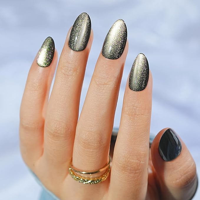 Cat Eye Press on Nails Short, Jofay Fashion Soft Gel Fake Nails, Purple-Green Color-changing Shimmer Cat Eyes Nails, Reusable & Glossy Acrylic False Nails, Glue on Nails Kit Stick on Nails for Women