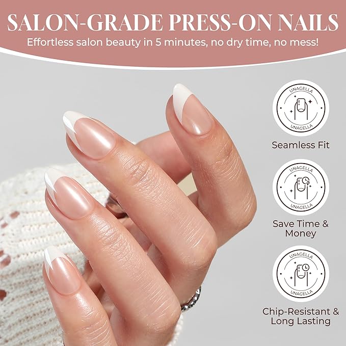UNA GELLA Press On Nails: Almond French Tip Soft Gel Press Ons Short Kit with Nail Tips Glue on Nails, 16 Sizes - 32Pcs Reusable Chrome French Fake Nails Kit, Gift for Women