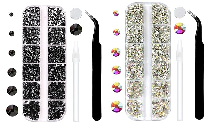Black and Crytstal AB Rhinestones Set for Nails,Makeup,Phone Case,Book,Crafts,DIY(SS6-SS20)(2-4.8MM)
