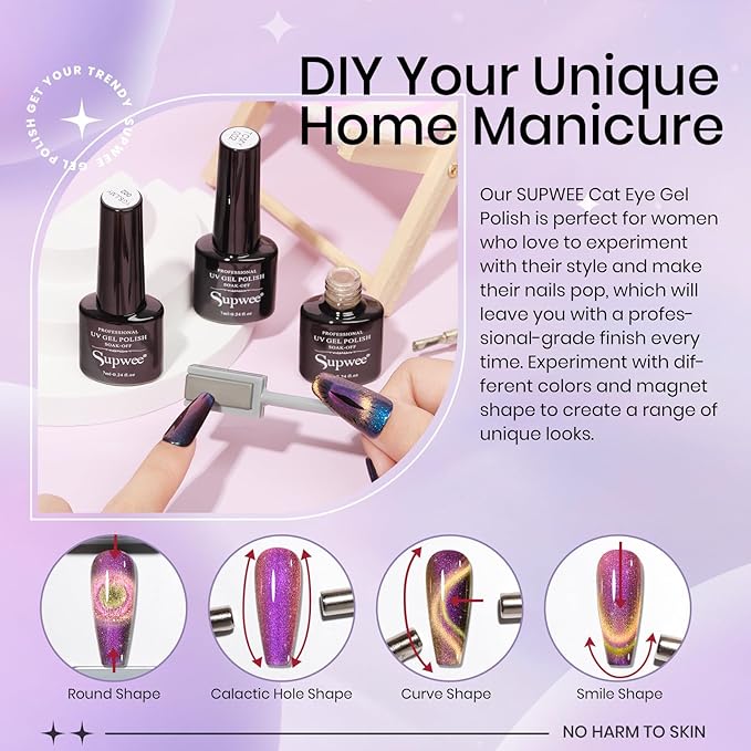 Magnetic Cat Eye Gel Nail Polish Set 12 Colors Cateye Gel Polish with Magnetic Stick Chameleon Cat Eye Gel Aurora Cat Eye Gel and Glass Cat Eye Gel Collection for Home DIY Manicure