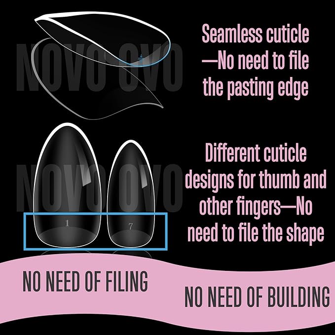 NOVO OVO Extra Thick Almond Nail Tips Press on Natural Curve, Medium Soak Off Soft Gel Fake Nail Extension, Full Cover Matte Cuticle False Nails for Acrylic French, Salon DIY x 14 Sizes 336 pcs