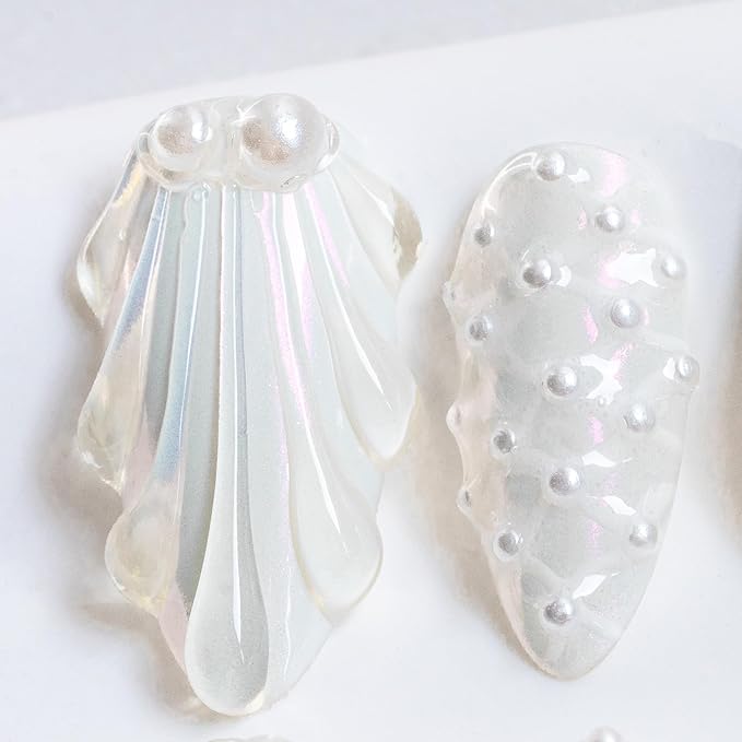 Sun&Beam Nails Handmade Press On Nail Medium Long Almond Oval Pink White Pearl Shell Fake Tip 3D Design Art Charms Cute with Storage Box 10 Pcs (White-S)