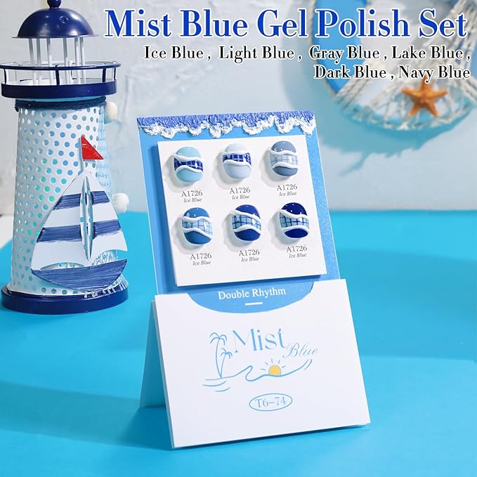 Double Rhythm 6 Pcs 15 ML Gel Polish Set Same Color Same Bottle Soak Off Gel Polish Kit Nail Art Manicure Salon DIY at Home for Women (Pale Dark Midnight Blue Navy Gray -T6-74)