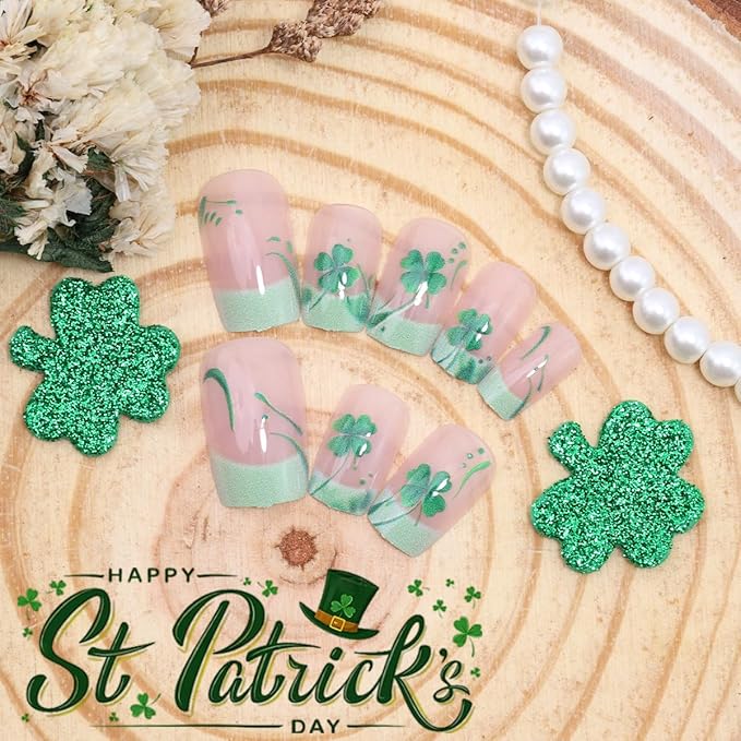 St. Patrick's Day Press on Nails Short French Tip Fake Nails Lucky Shamrock False Nails Green Four Leaf Clover Glue on Nails Irish Square Acrylic Nails St. Patrick's Day Artificial Nails Set 24Pcs