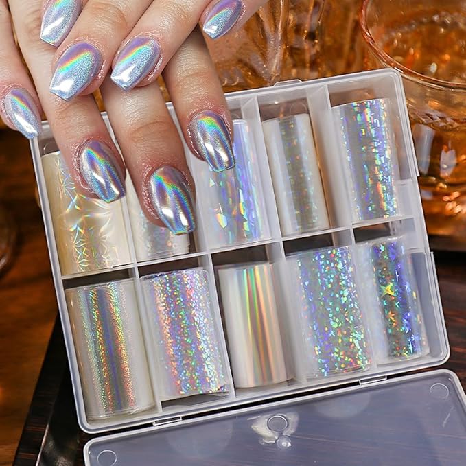 10 Rolls Aurora Nail Foil Transparent Laser Nail Transfer Foils Starry Sky Holographic Glitter Nail Art Foil Stickers for Women DIY Manicure Decoration Accessories