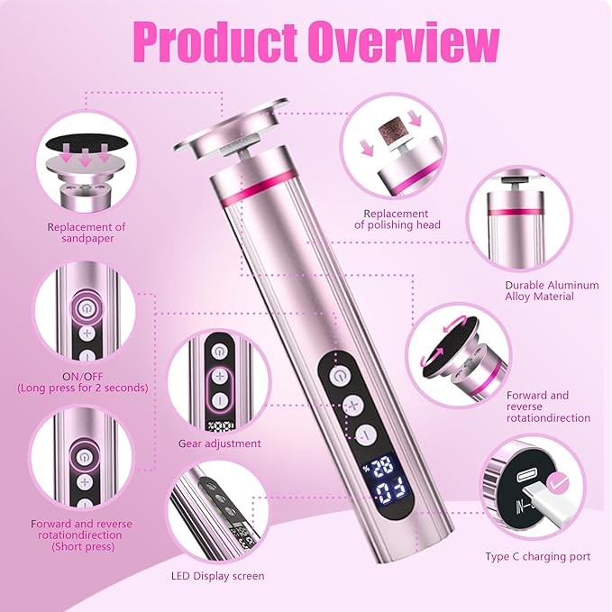 Electric Callus Remover for Feet – 2-in-1 Rechargeable Foot Sander with Sandpaper Discs & Nail Drill Bits, Adjustable Speed, LED Display, Professional Pedicure Tool for Home & Travel