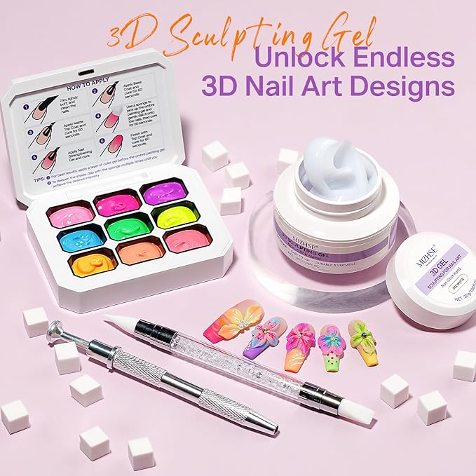 MIZHSE White 3D Sculpting Nail Gel and 9 Colors Patting Gel Polish Kit，3D Gel Nail Art Ombre Soak Off U V LED Painting Gel Set with Sponges, for Home & Salon Use