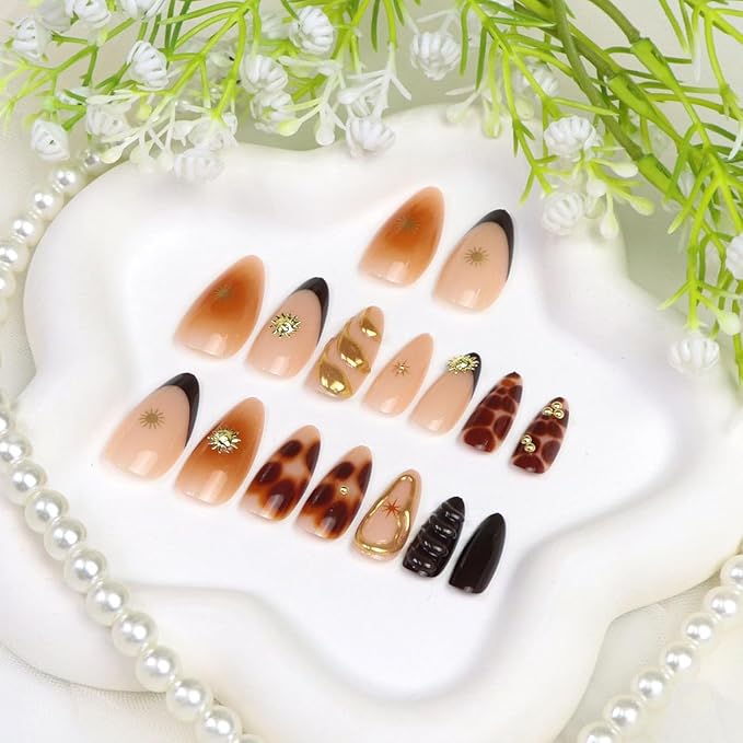 French Tips Press on Nails Medium Almond Fake Nails with Chrome 3D Star Gold Pearl Designs Brown Gradient Nude Glossy Acrylic Nail Fall Winter Stick on Nail for Women 24 Pcs