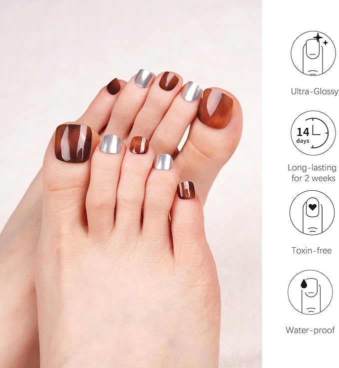 DANNI & TONI Semi Cured Gel Toenail Strips Amber (Sienna Glow) Silver Gel Toenail Stickers Ombre Pedi Wraps 37 Stickers