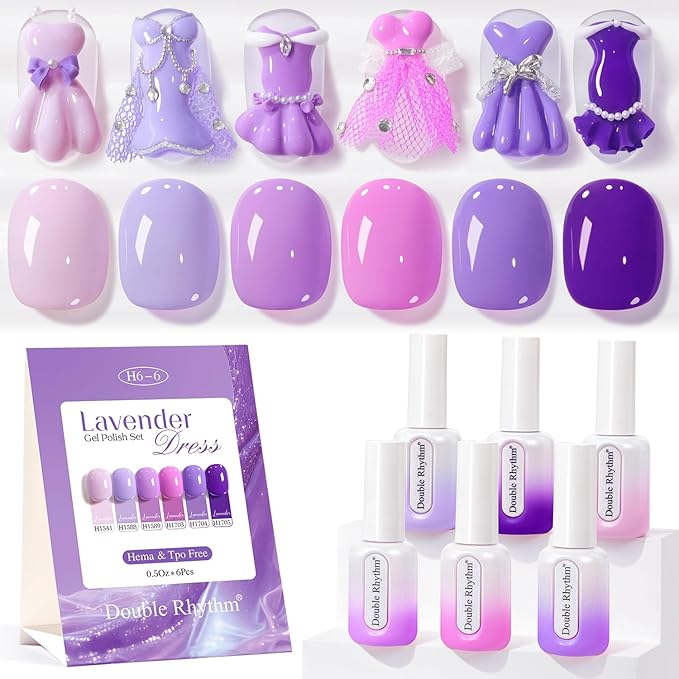 Double Rhythm 6 Pcs Hema Free Gel Polish Set 0.50 OZ Same Color Same Bottle Soak Off Neutral Natural Milky Gel Polish Kit Nail Art Salon DIY at Home (Lilac Violet Pink Purple-H6-6)