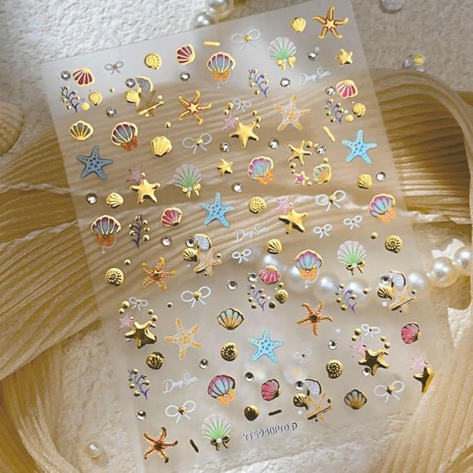Gold Star Nail Stickers Golden Starfish Nail Supplies 5D Embossed Pearl Shell Nails Designs 3D Self-Adhesive Rhinestone Bow Nail Decals Ocean Nail Art Decoration for Women Girls DIY Manicure 1 Sheet