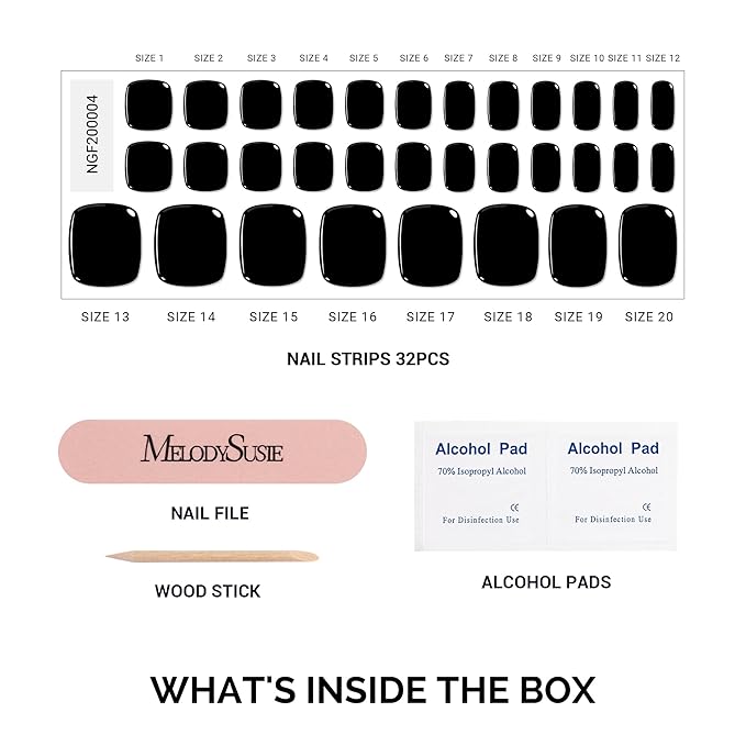 MelodySusie 32Pcs Semi Cured Gel Toe Nail Strips (Black), Pedicure Stickers for Toes, Works with Any UV/LED Lamps, Salon-Quality, Long Lasting, Easy to Apply & Remove