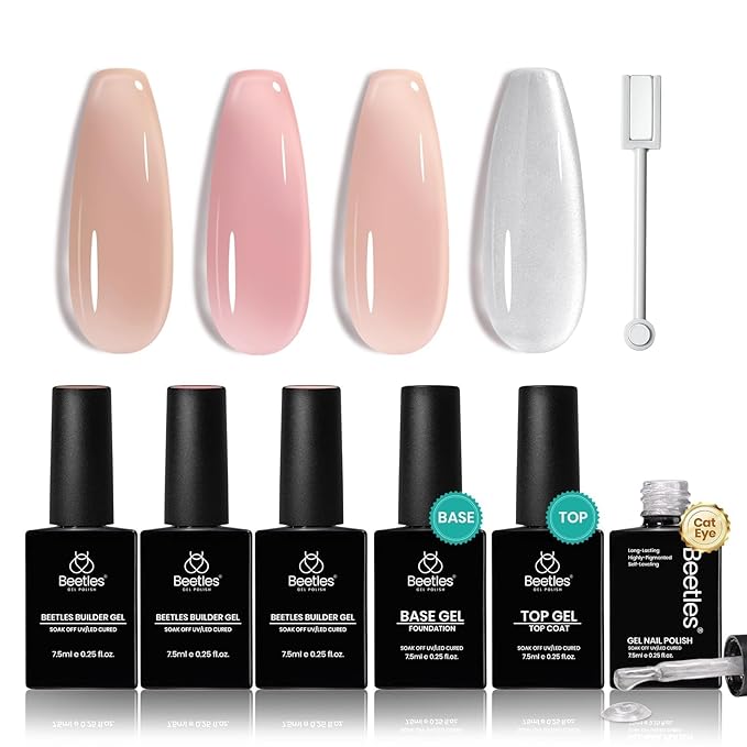 Beetles Builder Gel Set,Vitreous Radiance 3 Colors 8 in 1 Strengthening Apex Building Nail Extension with Base&Top Coat for Beginners DIY Salon at Home,Silver Cat Eye Gel Nail Polish,UV&LED Needed