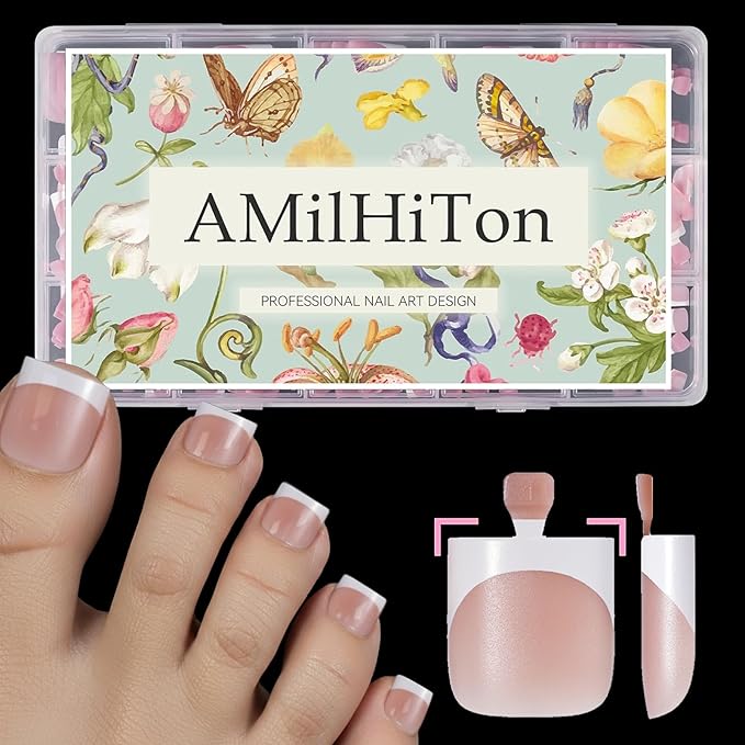 Latte Nude French Tip Toe Nail Press Ons, 150PCS Square Full Cover Soft Gel Toe Nail Tips, 15 Sizes for Wide Toenail Beds, Pre-Shaped for DIY French Pedicure & Salon