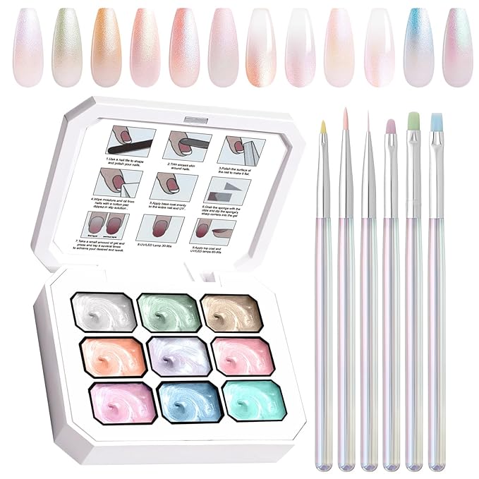 Gradient Painting Gel Set, 9 Colors Ombre Gel Nail Polish with 6 Aurora Multi-Purpose Brushes for Ombre Nails Aura Nails French Manicure Soak Off UV S Treasure of Pearl