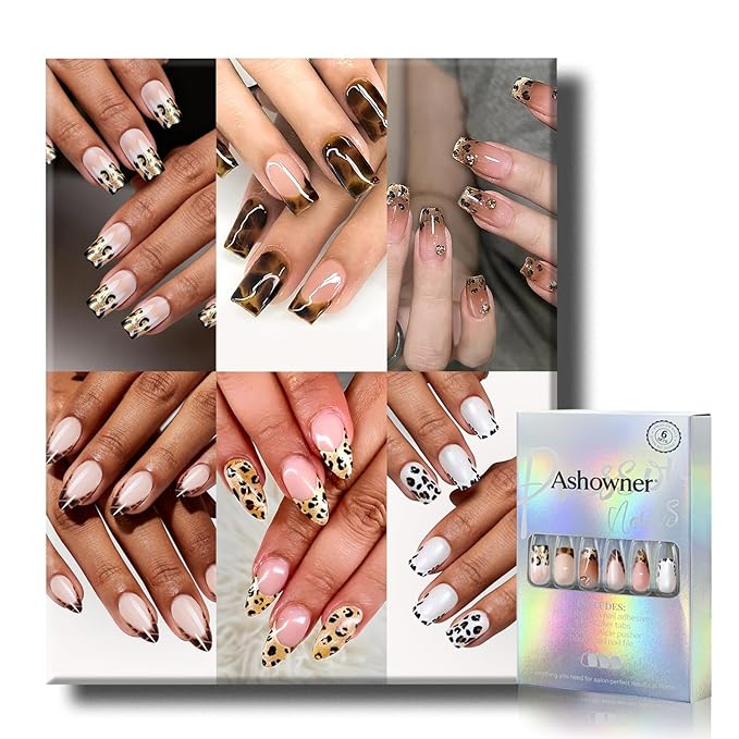 6 Packs (144 Pcs) | Reusable Press on Nails | Stick on Nails 12 Sizes-6 Styles | Leopard print style