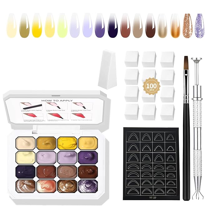 16 Colors Ombre Gel Nail Polish Set,Gel Ombre Color Palette,Pat Painting Gradient Blooming Gel Polish with 100Pcs Nail Sponges for Omber Nails Art Patting Gradient in Salon or Home Use