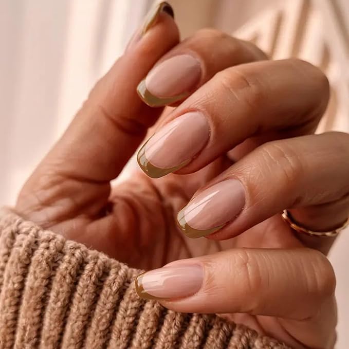 Clear Semi Cured Gel Nail Strips French Tip 20Pcs Olive Brown UV Gel Nail Stickers Glossy Nails Polish Strips UV/LED Light Needed Self Adhesive Full Polish Nails Wraps for Women
