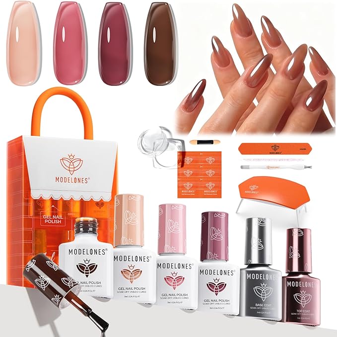 Modelones Jelly Gel Nail Polish Kit with UV Light, Christmas Sheer Pink Nude Red Brown Jelly Gel Polish with Base Top Coat Pearl Chrome Powder 4 Transparent Colors Mini Salon Nail Art Gift