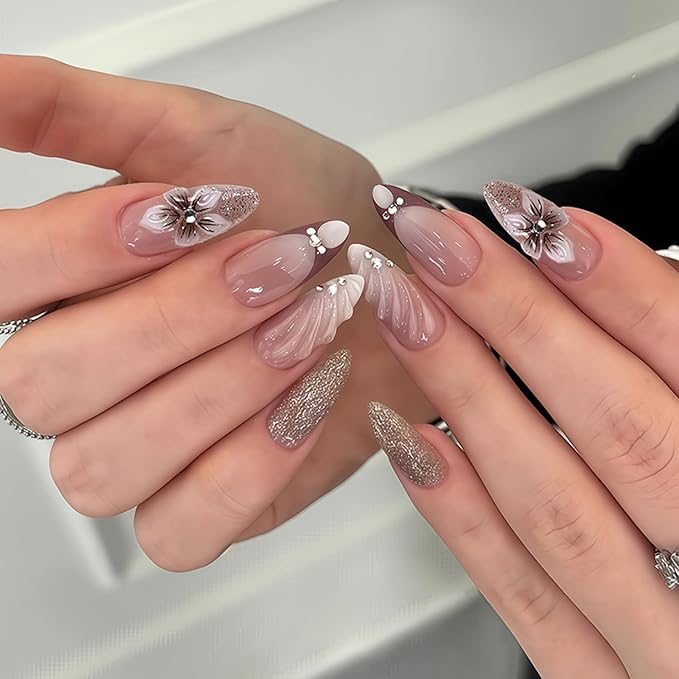 Press on Nails Medium Almond Fake Nails French Artificial Nail Flowers Embossed and Rhinestones Designs for Women 24pcs