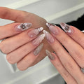 Press on Nails Medium Almond Fake Nails French Artificial Nail Flowers Embossed and Rhinestones Designs for Women 24pcs
